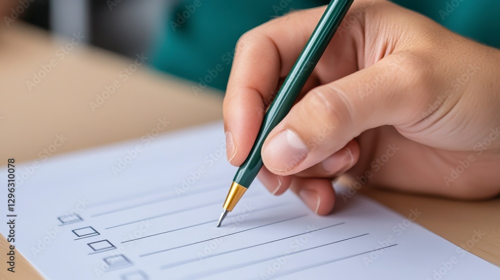 Close Up Hand Writing Checklist with Dark Green Pen on White Paper Close Up Hand Writing Checklist with Dark Green Pen on White Paper