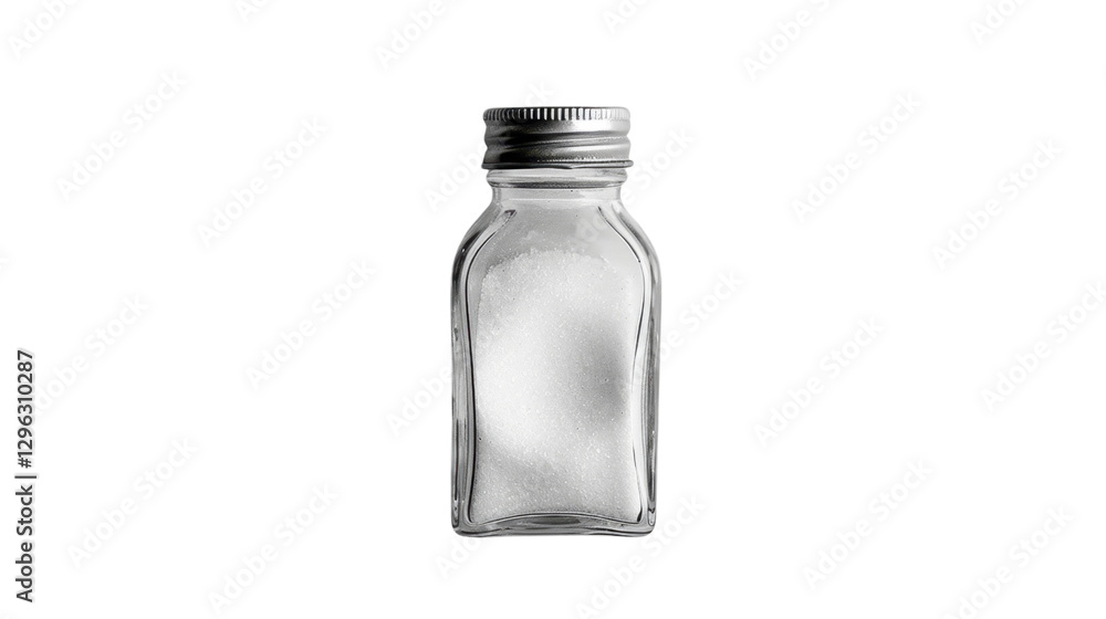 Glass salt shaker jar with metal lid containing white granulated salt on transparent background Glass salt shaker jar with metal lid containing white granulated salt on transparent background