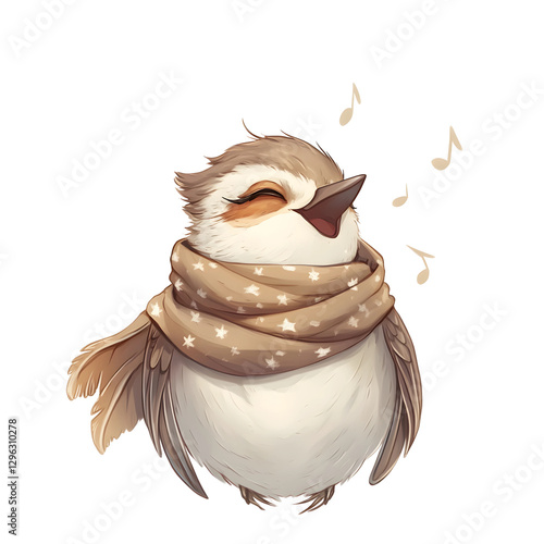 Sleepy Cartoon Nightingale Wrapped in a Tiny Scarf