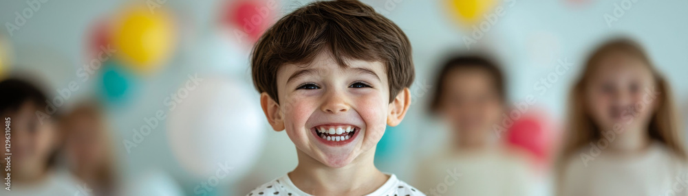 Happy child smiling in festive setting with colorful balloons Happy child smiling in festive setting with colorful balloons