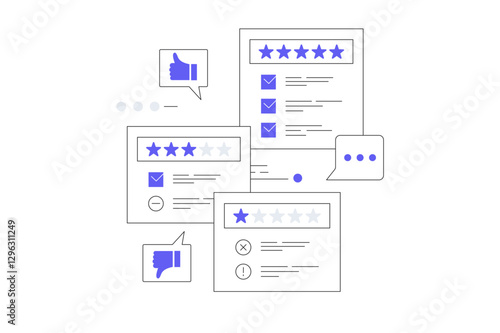 Customer review, satisfaction, feedback. Analyze customer comments with different experience. Flat Cartoon Vector Illustration, icon. Stylish abstract Flat design for website