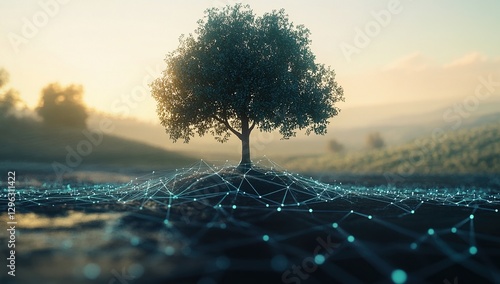 Digital Tree in a Sunrise Landscape photo