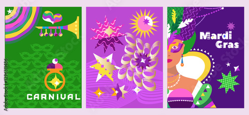 Mardi Gras Carnival, masquerade,  colorful set cards  holidayy template design Vector carnaval banners  with mask, confetti, balloon, garland funky illustration