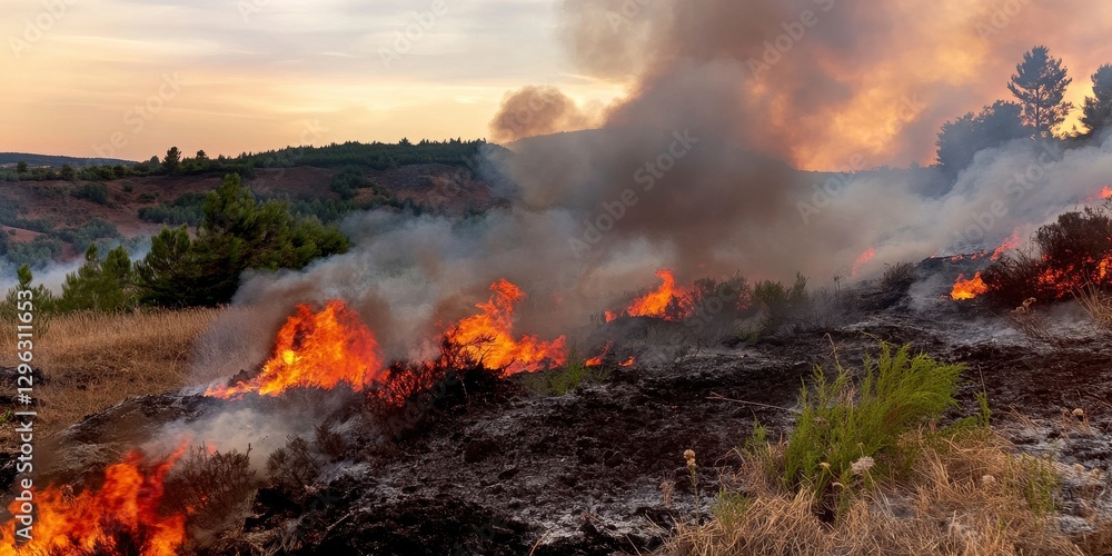 Intense forest fire spreading with flames and thick smoke in a woodland area Intense forest fire spreading with flames and thick smoke in a woodland area