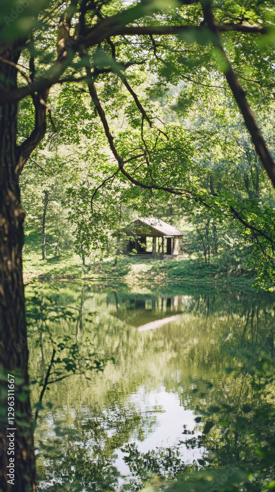 Scenic view of a gazebo reflected in a tranquil lake surrounded by lush green trees Scenic view of a gazebo reflected in a tranquil lake surrounded by lush green trees