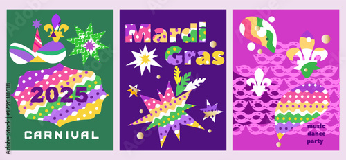 Mardi Gras Carnival, masquerade,  colorful set cards  holidayy template design Vector carnaval banners  with mask, confetti, balloon, garland funky illustration