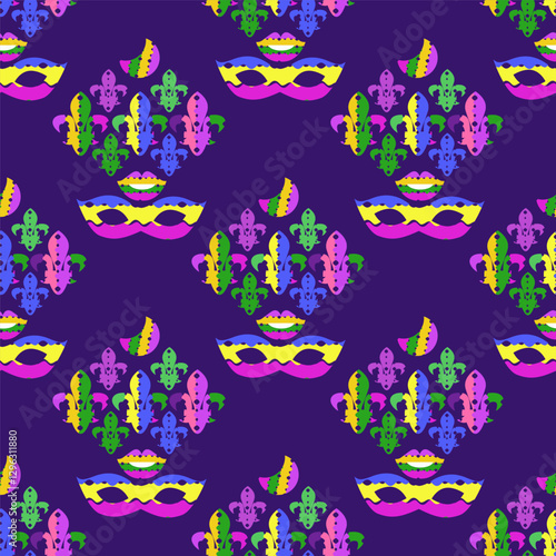 Mardi Gras Carnival, masquerade seamless pattern holidayy template design Vector carnaval texture