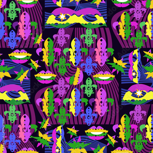Mardi Gras Carnival, masquerade seamless pattern holidayy template design Vector carnaval texture