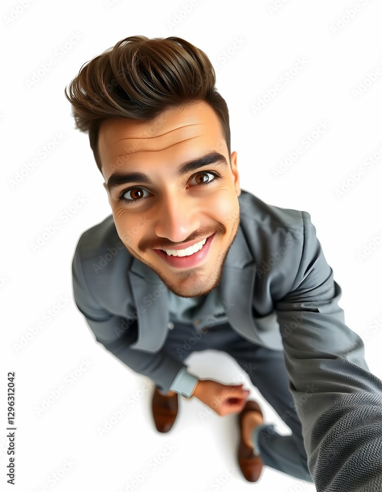 Smiling Businessman Taking a Selfie Top View on White Background Smiling Businessman Taking a Selfie Top View on White Background