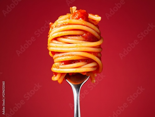 Spiral spaghetti on a fork with tomato sauce, isolated over a red background. Close-up view, front side perspective, Generative AI