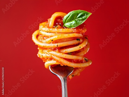 Spiral spaghetti on a fork with tomato sauce, isolated over a red background. Close-up view, front side perspective, Generative AI
