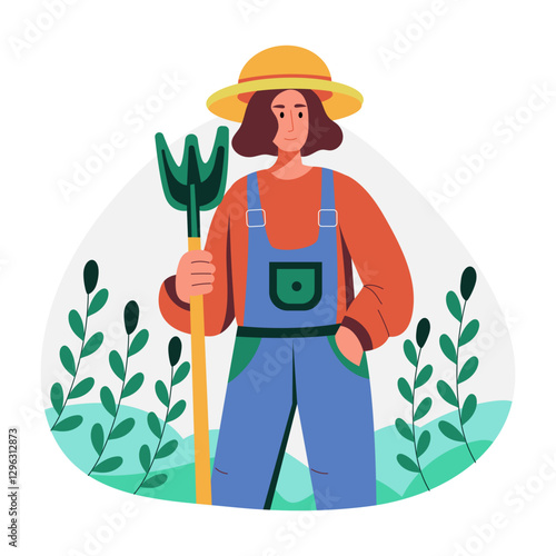 A flat character illustration of a farmer holding pitchfork