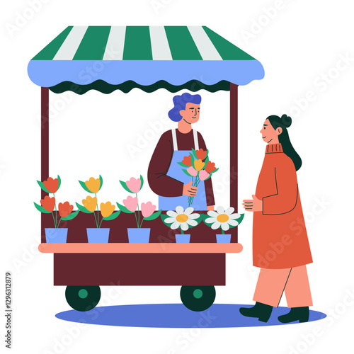 Girl buying flowers from a flower vendor, flat style illustration
