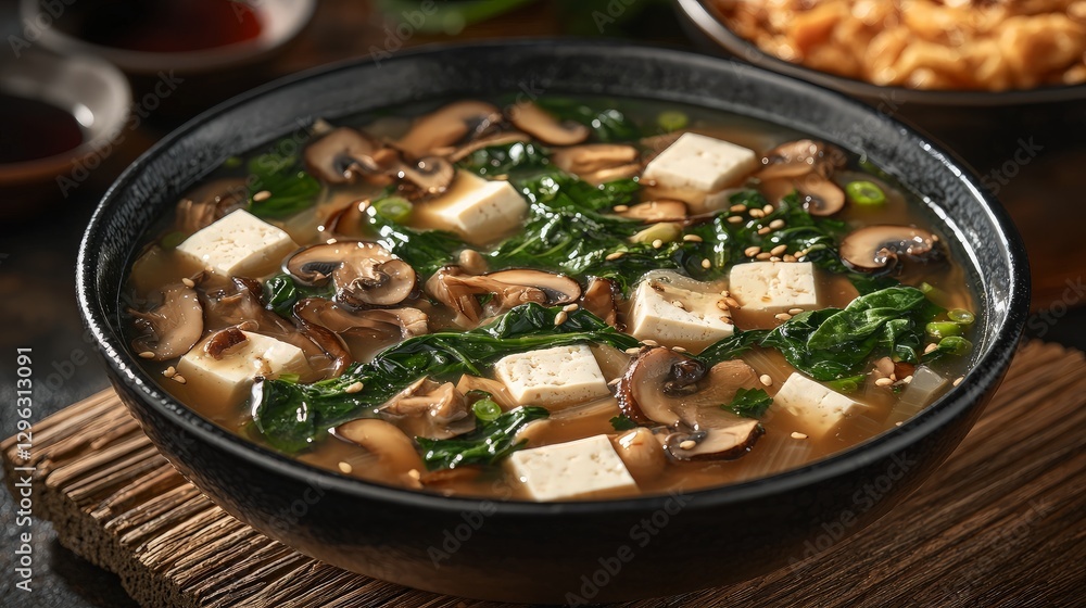 Bowl of Miso Soup with Tofu and Mushrooms Bowl of Miso Soup with Tofu and Mushrooms