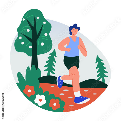 Character doing morning jog in a garden, flat illustration