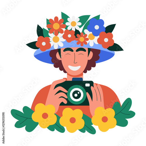 Smiling photographer wearing spring hat, flat character illustration
