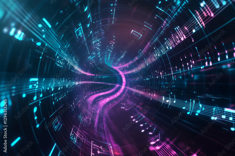 A dynamic 3D abstract background displaying an endless tunnel of levitating, holographic music staffs. The glowing lines pulse in perfect harmony, forming a futuristic visualization of digital sound A dynamic 3D abstract background displaying an endless tunnel of levitating, holographic music staffs. The glowing lines pulse in perfect harmony, forming a futuristic visualization of digital sound