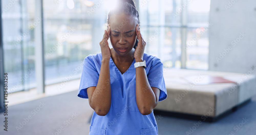 Doctor, headache and stress or overworked in hospital, migraine and burnout or overwhelmed in clinic. Black woman nurse, tired and fatigue or anxiety on challenge, medical problem and bad mistake Doctor, headache and stress or overworked in hospital, migraine and burnout or overwhelmed in clinic. Black woman nurse, tired and fatigue or anxiety on challenge, medical problem and bad mistake