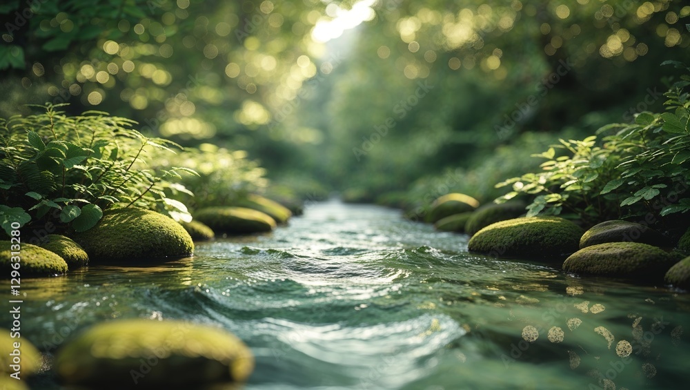 Fototapeta premium Flowing river surrounded by lush green vegetation during daylight hours in a tranquil forest setting