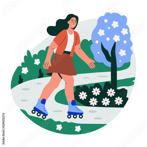 Girl skating in garden, flat style illustration