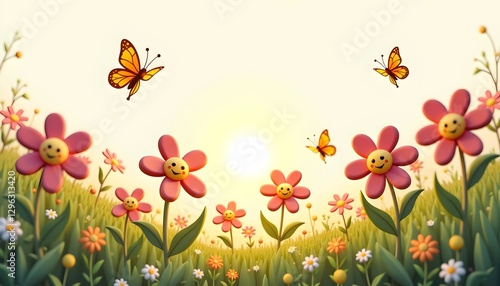 Cheerful Cartoon Flowers with Smiling Faces and Butterflies