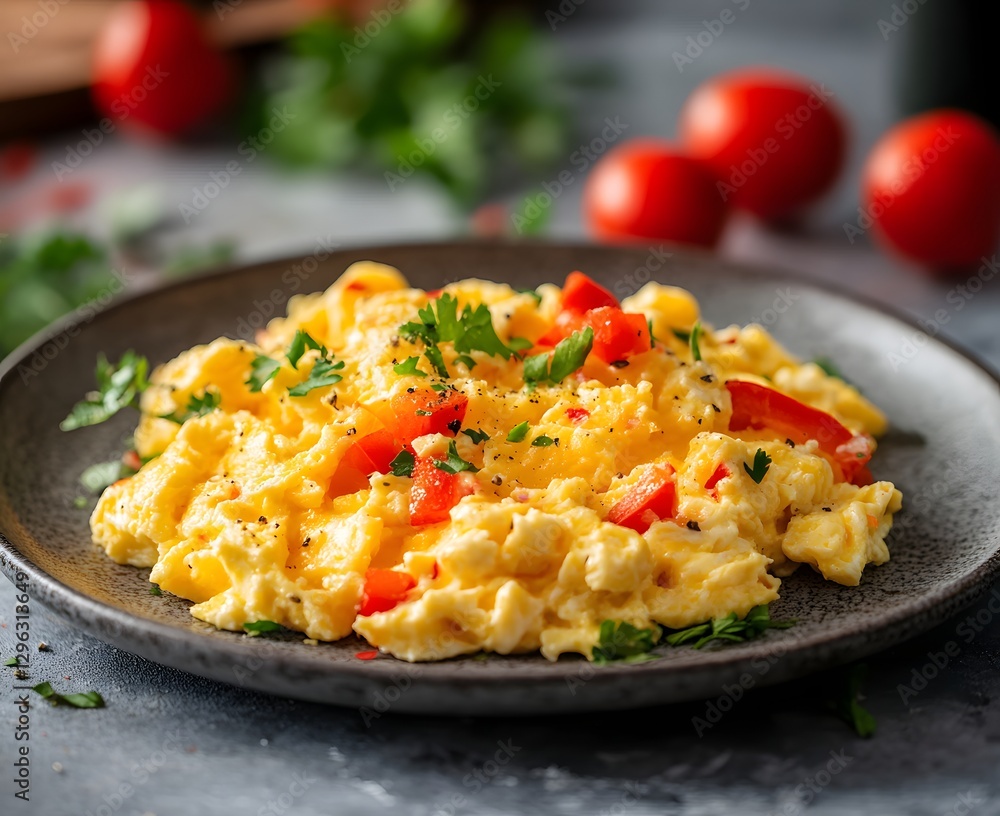 Scrambled eggs with cheddar cheese and red pepper on a plate, against a wooden background, Generative AI Scrambled eggs with cheddar cheese and red pepper on a plate, against a wooden background, Generative AI