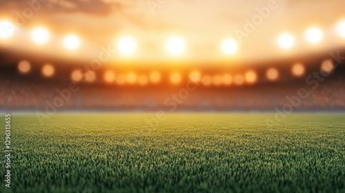 Sunset Over Football Field with Bright Lights and Grass Surface