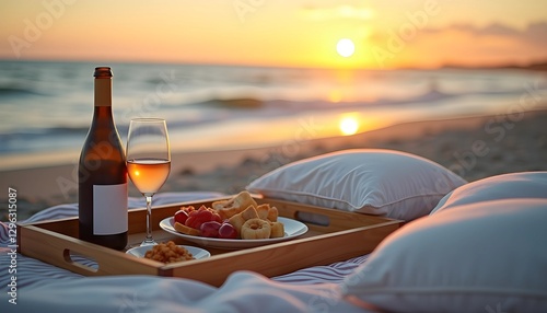 Romantic beach picnic at sunset with wine and snacks