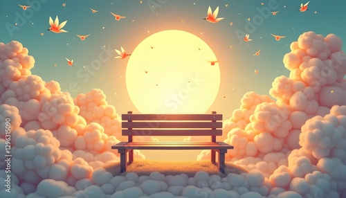 Bench floating in clouds under a glowing full moon