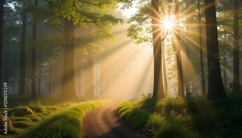 Sunlight streaming through trees on a peaceful forest path