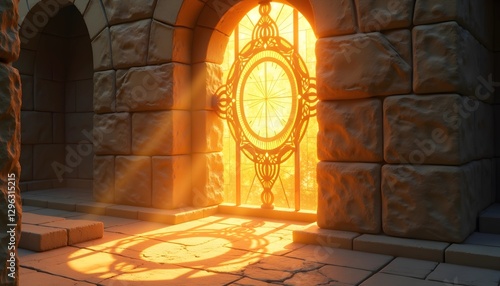 Glowing golden door in ancient stone temple
