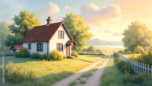 Cozy countryside house in warm morning sunlight
