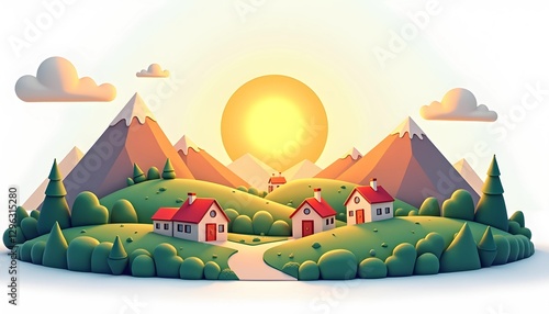 Charming village at sunrise in colorful cartoon style