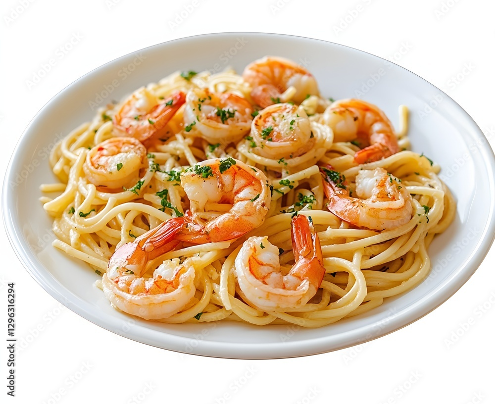 Photo of shrimp and garlic pasta on a white plate, isolated on a transparent background with a clipping path, on the table, Generative AI Photo of shrimp and garlic pasta on a white plate, isolated on a transparent background with a clipping path, on the table, Generative AI