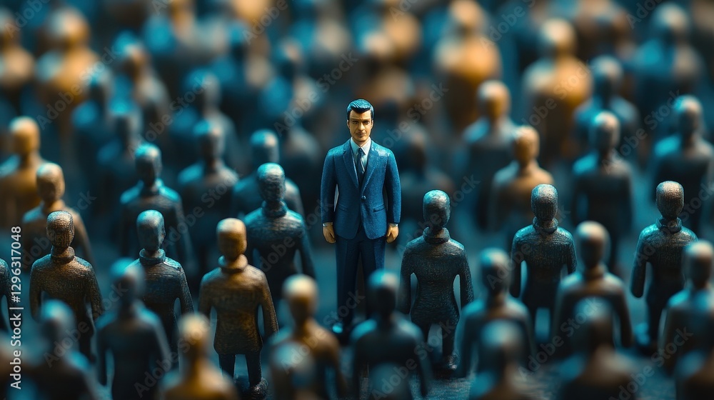 Fototapeta premium A charismatic leader, clad in crisp blue, stands amidst a sea of wooden figures, each representing an individual member of his team. The scene symbolizes leadership, business, and the collaborative