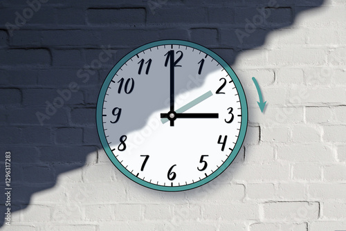 The clock shows its hands moving forward from 2 a.m. to 3 a.m., marking the daylight saving time transition from winter to spring. Against a white brick wall, divided in half by a shadow.
