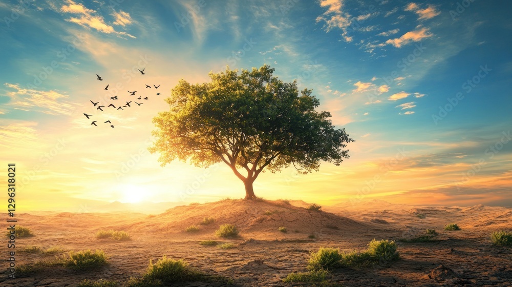 Fototapeta premium Solitary Tree at Sunset: A Serene Landscape
