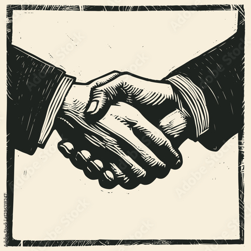 Vector illustration of a handshake.  Strong and impactful design.  Perfect for business, agreement, or partnership concepts. Vintage engraved style.