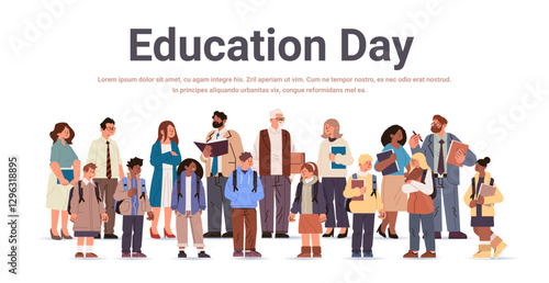 mix race teachers and students group with books standing together education day concept full length horizontal copy space