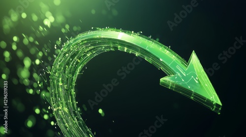 Stylish 3D Curved Green Arrow Icon with Digital Elements