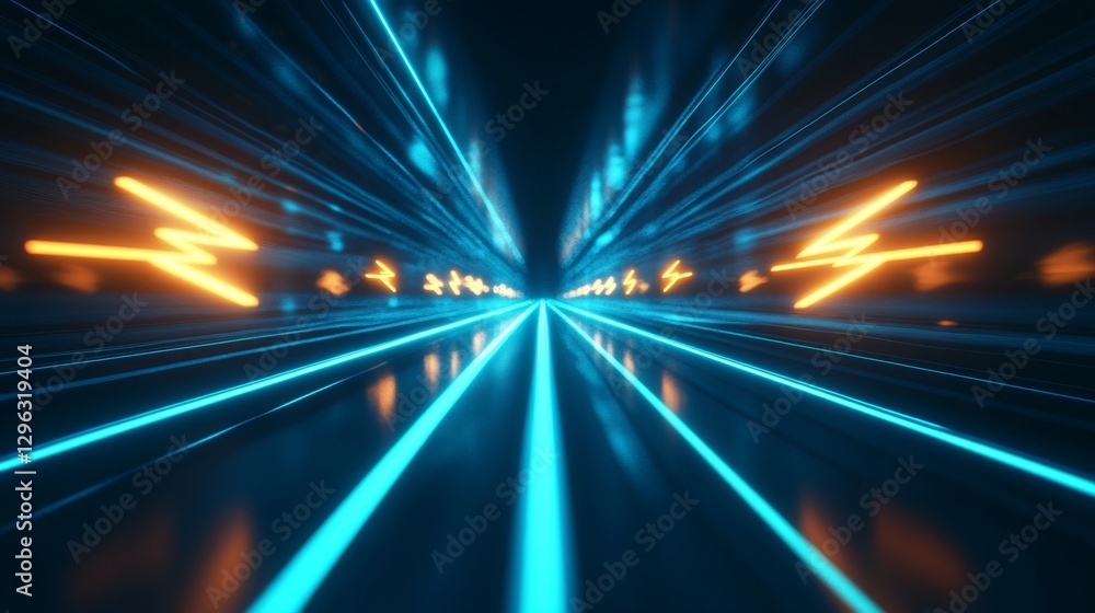 Obraz premium Futuristic 3D Abstract Scene with Neon Arrows and Light Trails