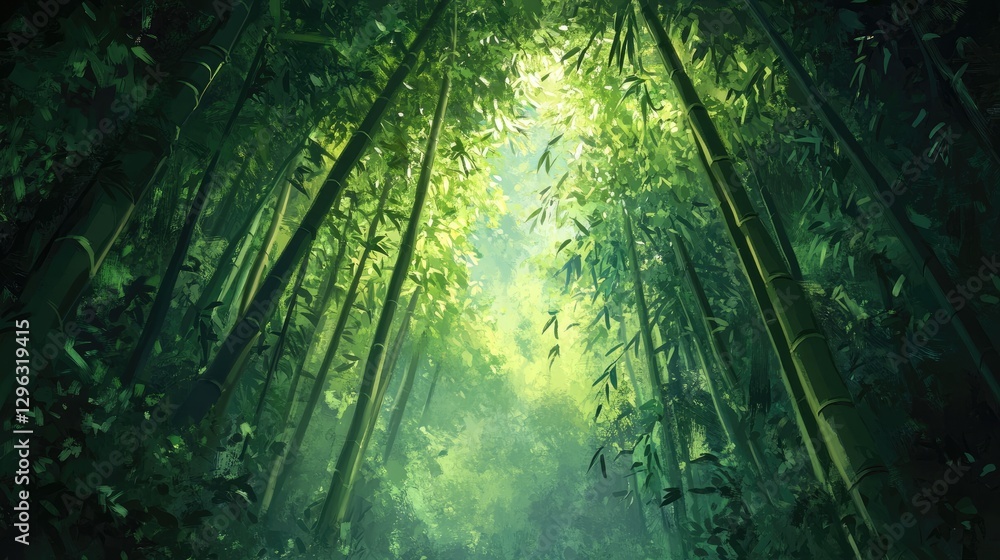 Naklejka premium Vibrant green bamboo stalks in a tranquil forest, stretching high into the sky and creating a peaceful, nature-filled ambiance