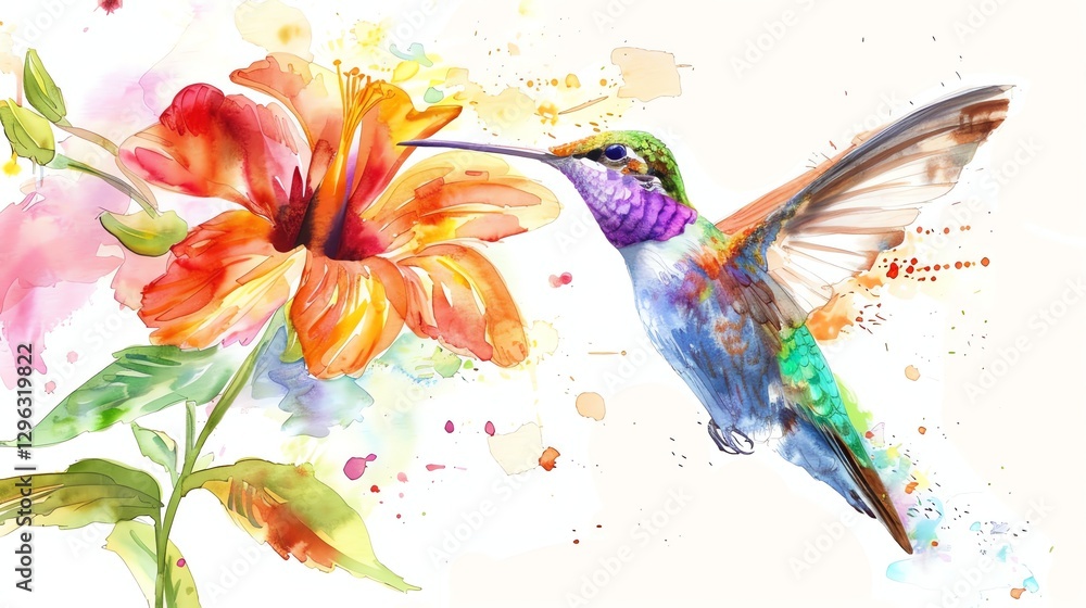 Fototapeta premium A watercolor painting of a hummingbird hovering over a flower.