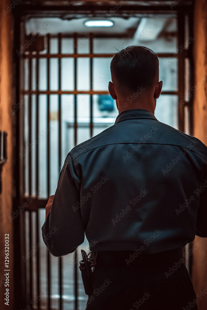 A prison guard standing at the entrance of a secure gate with a key ring in hand. A prison guard standing at the entrance of a secure gate with a key ring in hand.
