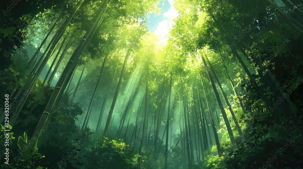 Obraz premium A peaceful bamboo forest with tall, slender stalks reaching toward the heavens, creating a natural green canopy overhead
