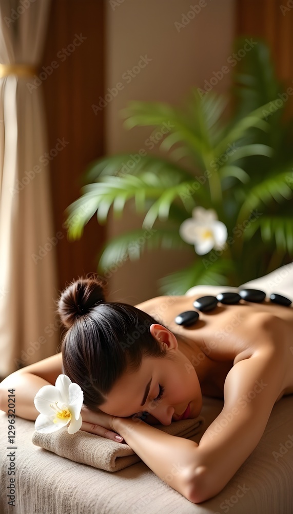 High-angle view of a young woman enjoying a hot stone therapy session on a massage bed at a spa and wellness center