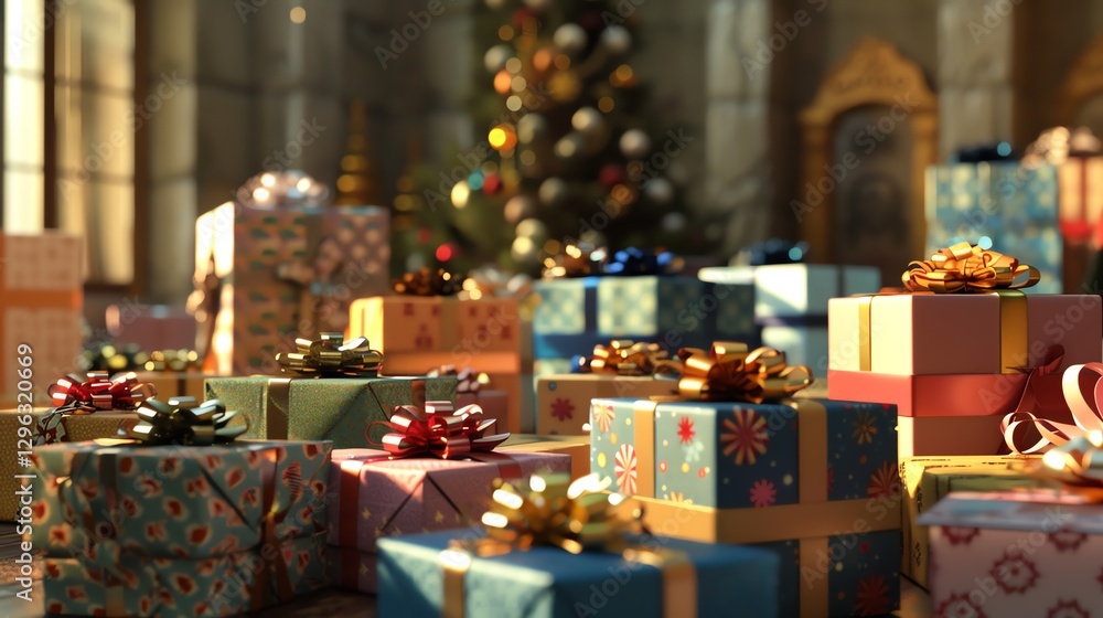 A group of wrapped gifts sits under a decorated Christmas tree. A group of wrapped gifts sits under a decorated Christmas tree.