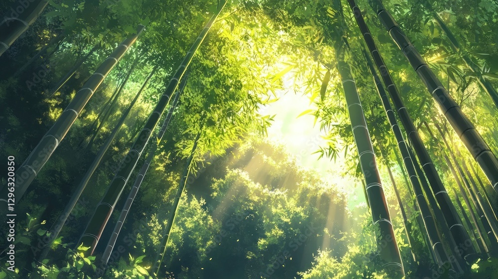 Fototapeta premium A serene bamboo forest scene with vibrant green stalks reaching toward the sky, sunlight filtering through to create golden highlights
