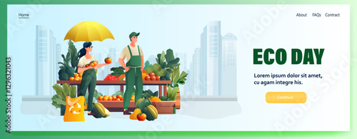 man woman farmers sellers offering fruits and vegetables organic natural food eco local grown products horizontal
