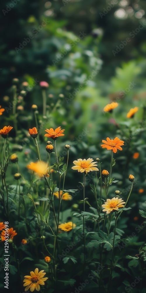 yellow and orange chrysanthemums set against a lush, green garden backdrop. yellow and orange chrysanthemums set against a lush, green garden backdrop.